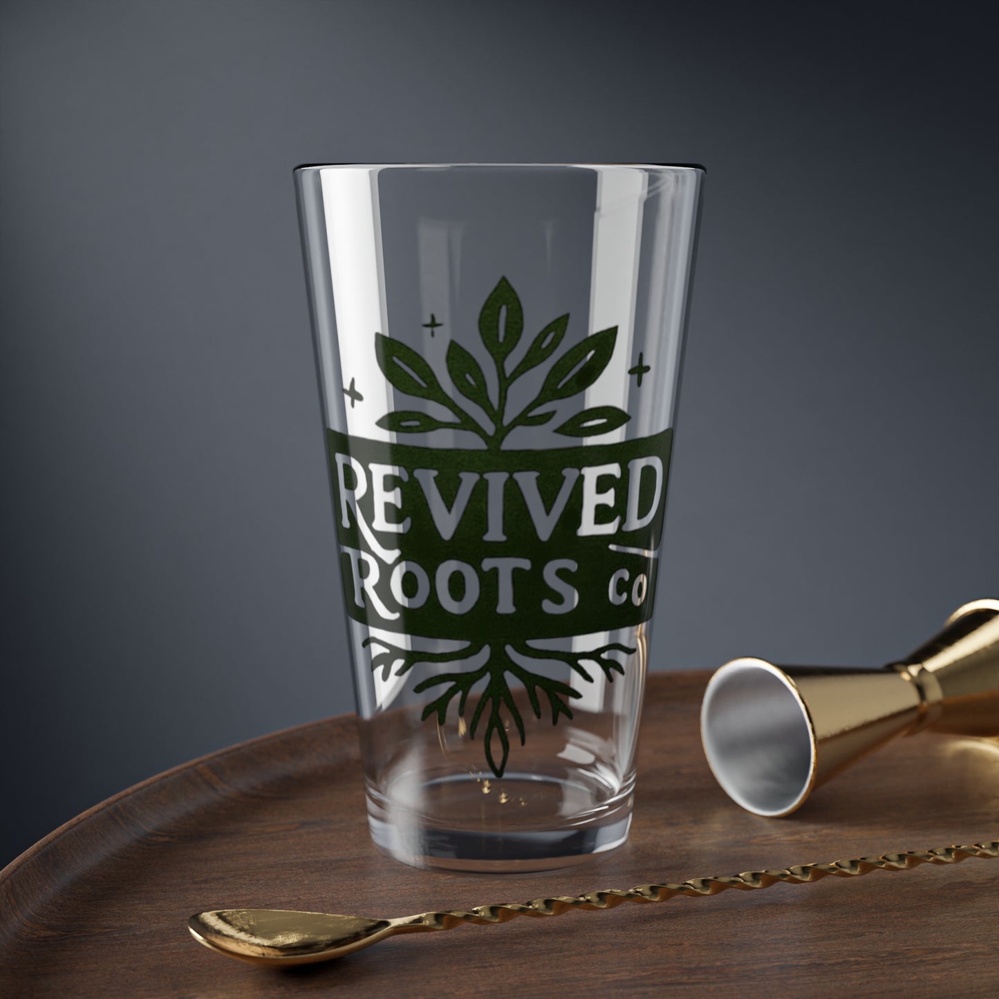 Revived Roots Co. 16oz Mixing Glass – Botanical Logo Pint Glass