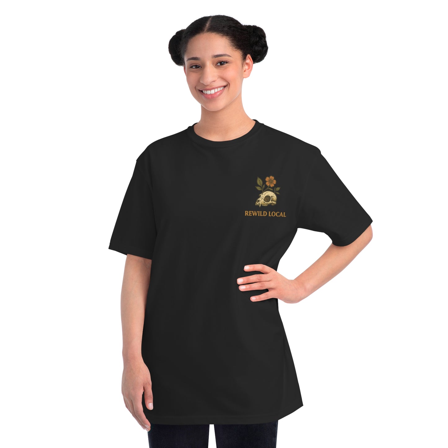 Unisex T-Shirt Eco-Conscious Folk Art Skull and Flower Design