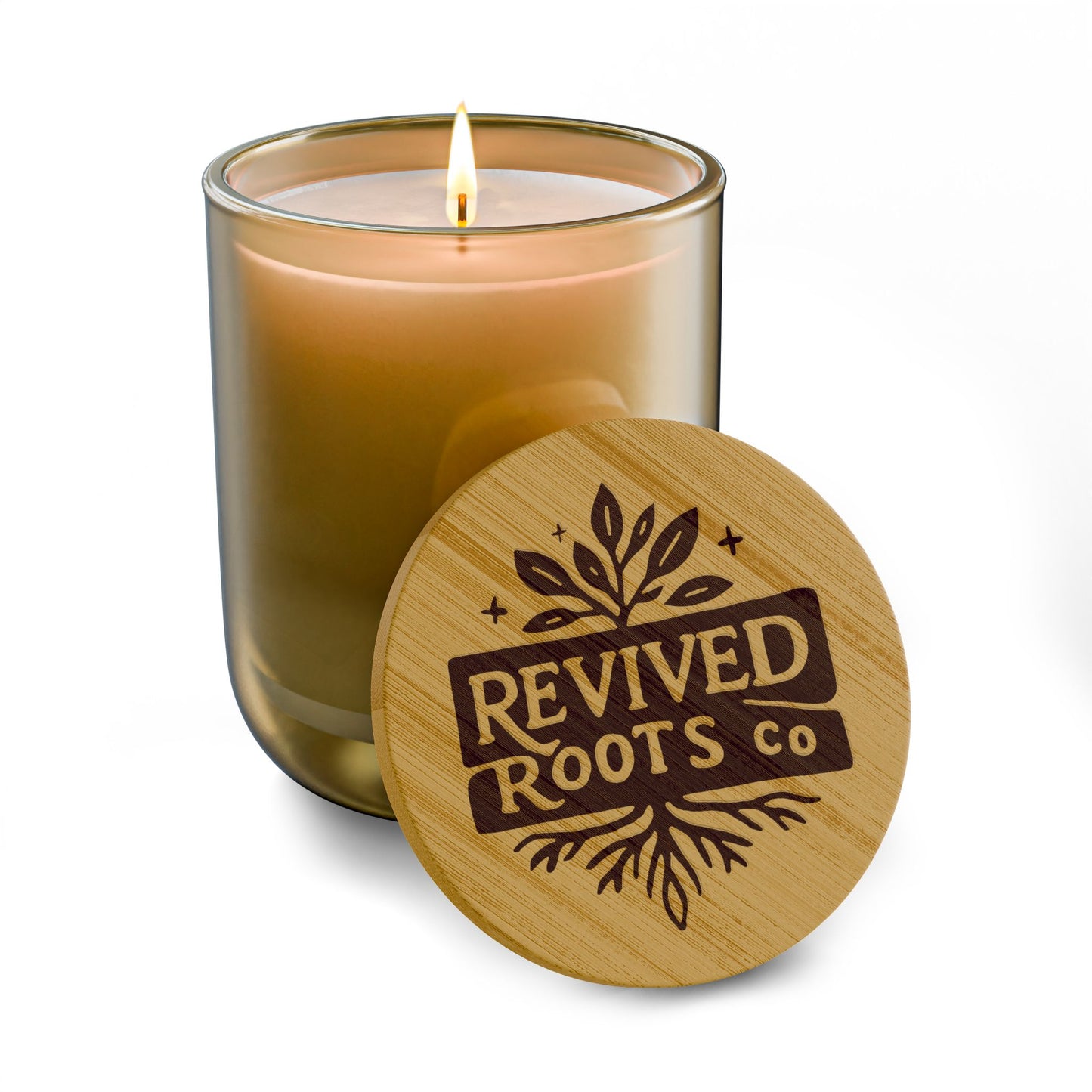 Engraved 14oz Soy Candle — Revived Roots Co. Bamboo Lid (Warm Wood & Calm)