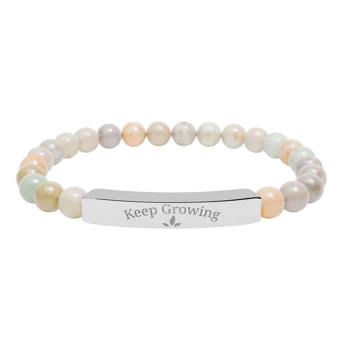 Engraved Natural Stone Stretch Bracelet — "Keep Growing" Bar Beaded Bracelet
