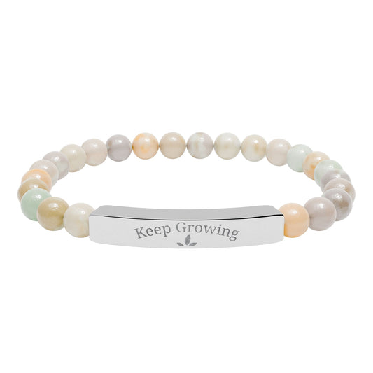 Engraved Natural Stone Stretch Bracelet — "Keep Growing" Bar Beaded Bracelet