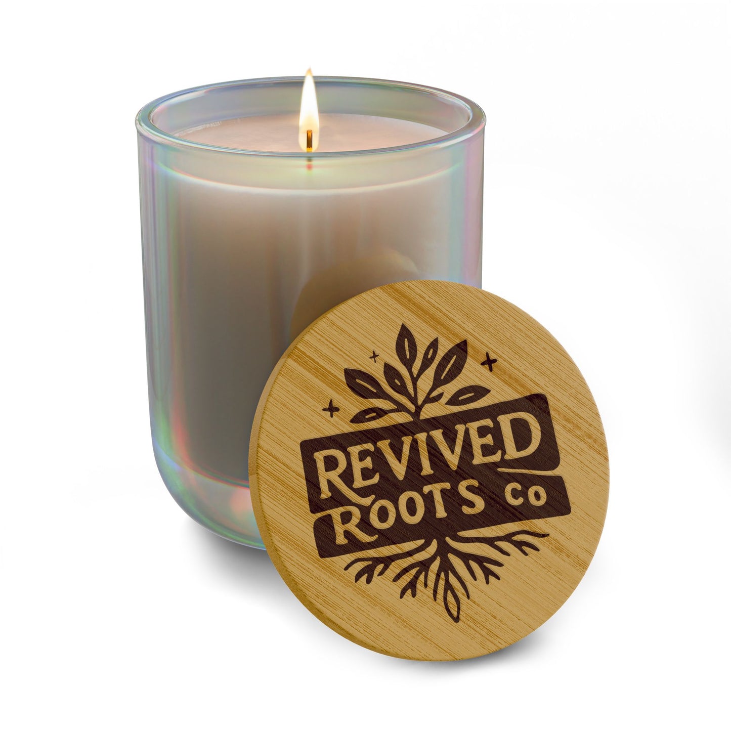 Engraved 14oz Soy Candle — Revived Roots Co. Bamboo Lid (Warm Wood & Calm)