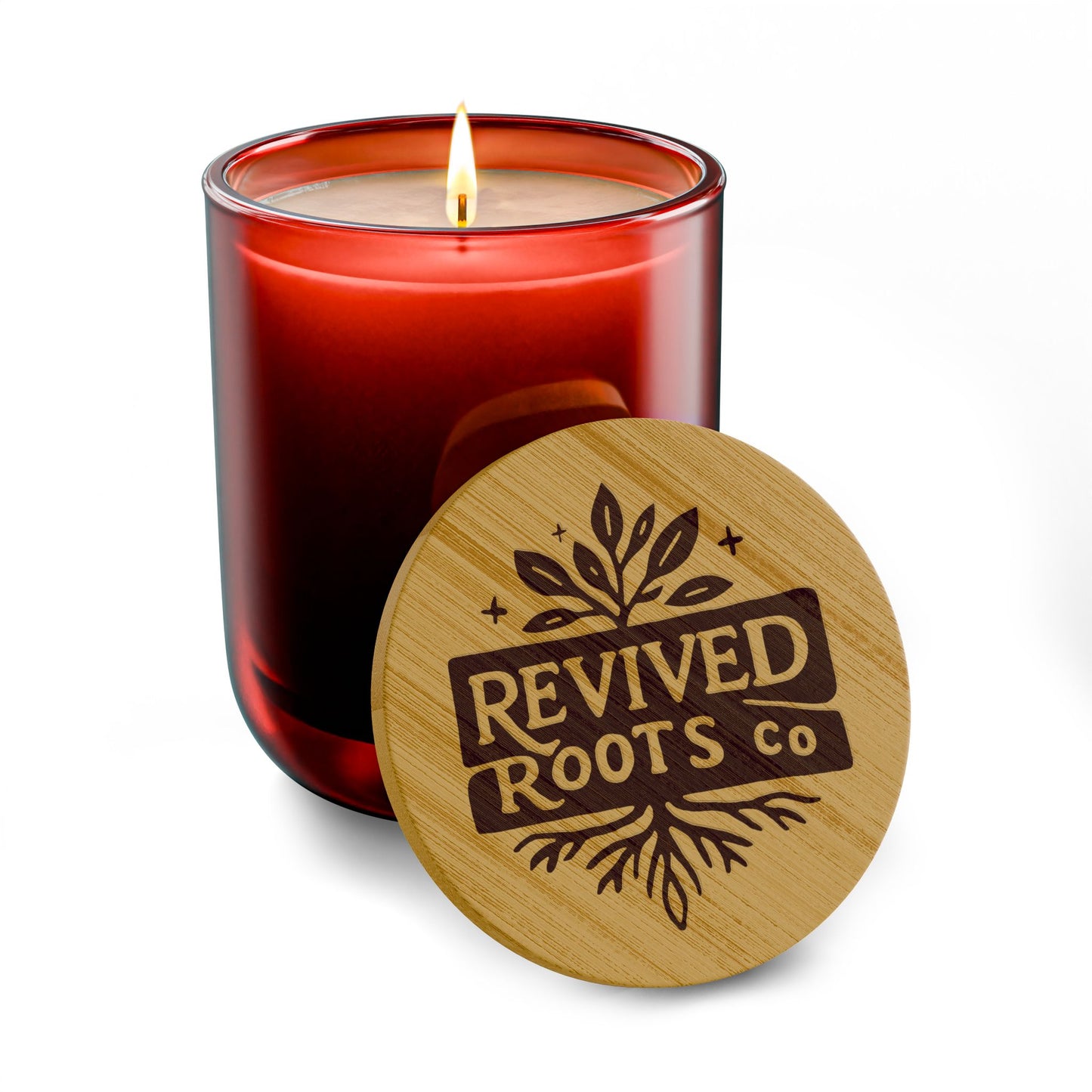 Engraved 14oz Soy Candle — Revived Roots Co. Bamboo Lid (Warm Wood & Calm)
