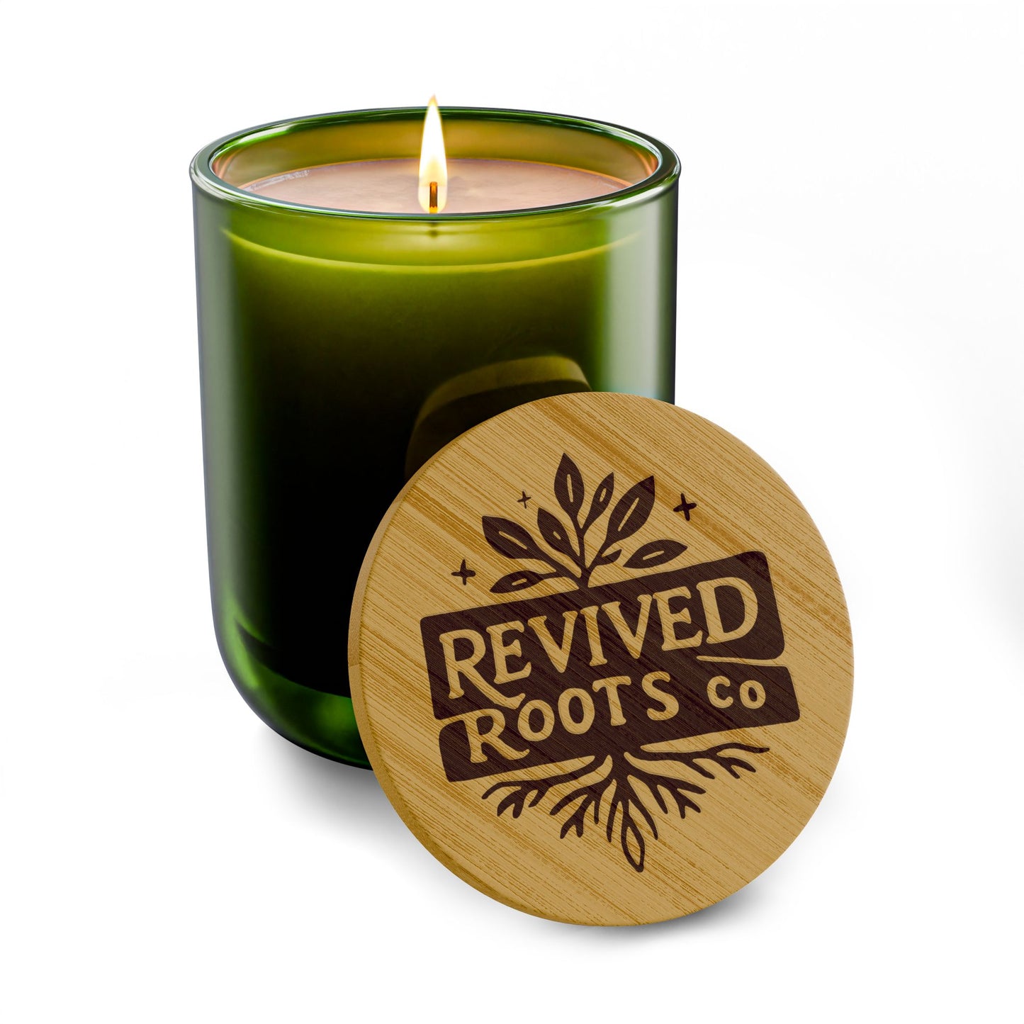 Engraved 14oz Soy Candle — Revived Roots Co. Bamboo Lid (Warm Wood & Calm)