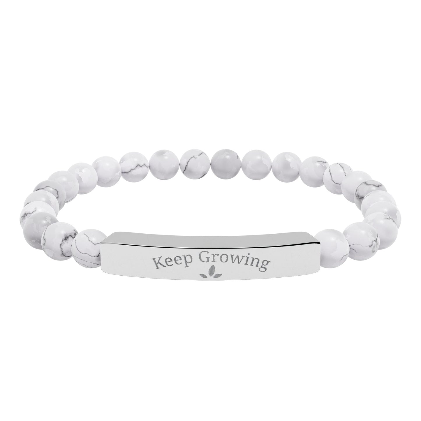 Engraved Natural Stone Stretch Bracelet — "Keep Growing" Bar Beaded Bracelet