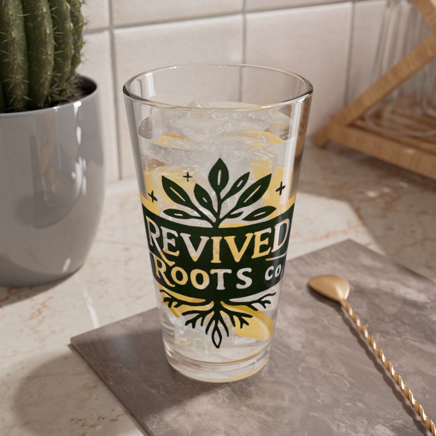 Revived Roots Co. 16oz Mixing Glass – Botanical Logo Pint Glass