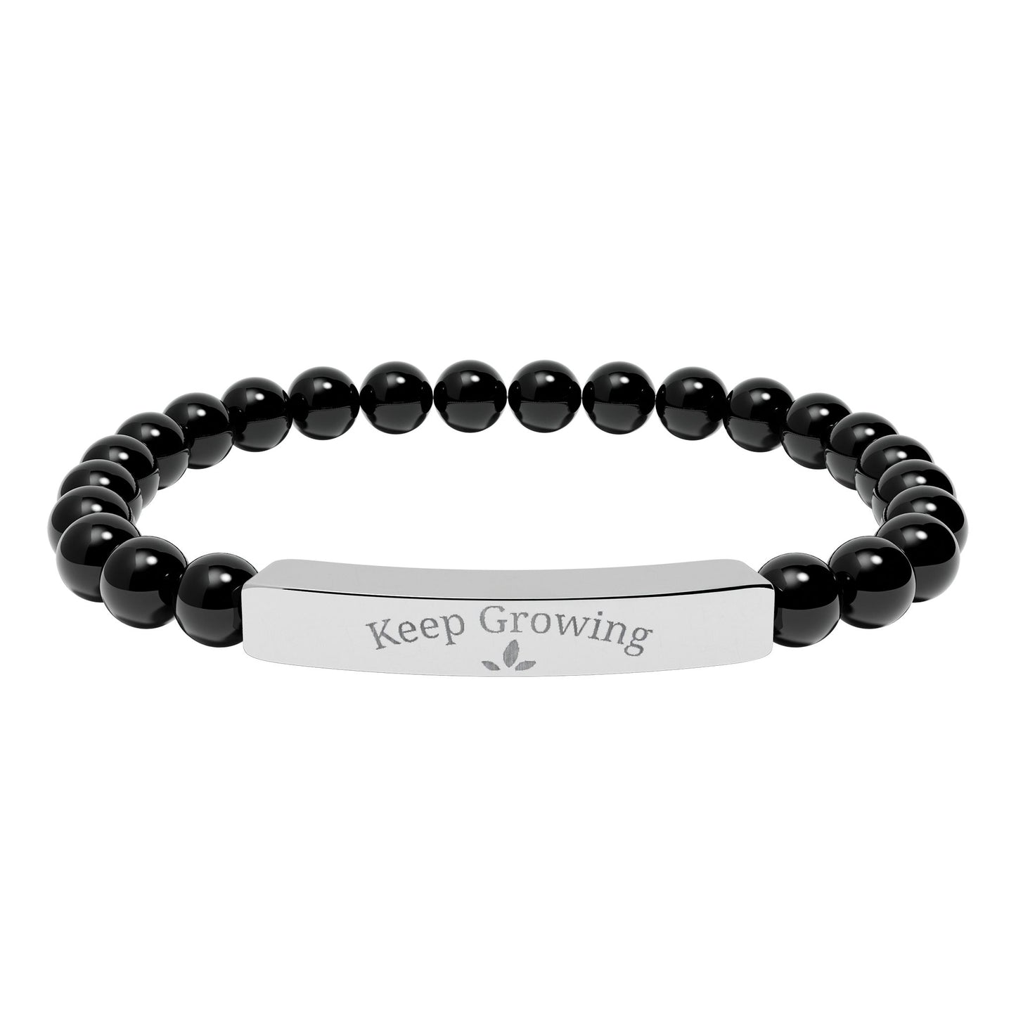 Engraved Natural Stone Stretch Bracelet — "Keep Growing" Bar Beaded Bracelet