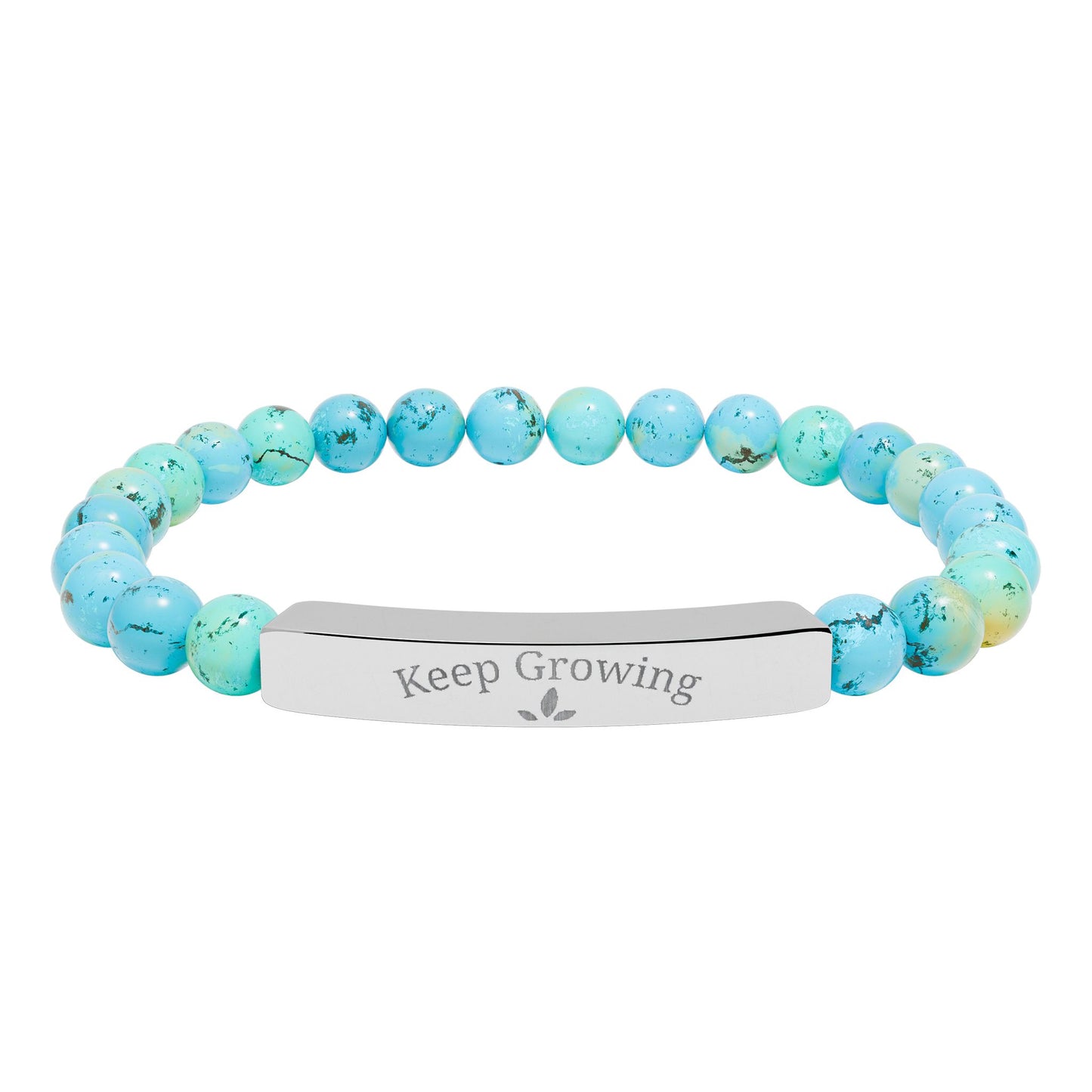 Engraved Natural Stone Stretch Bracelet — "Keep Growing" Bar Beaded Bracelet