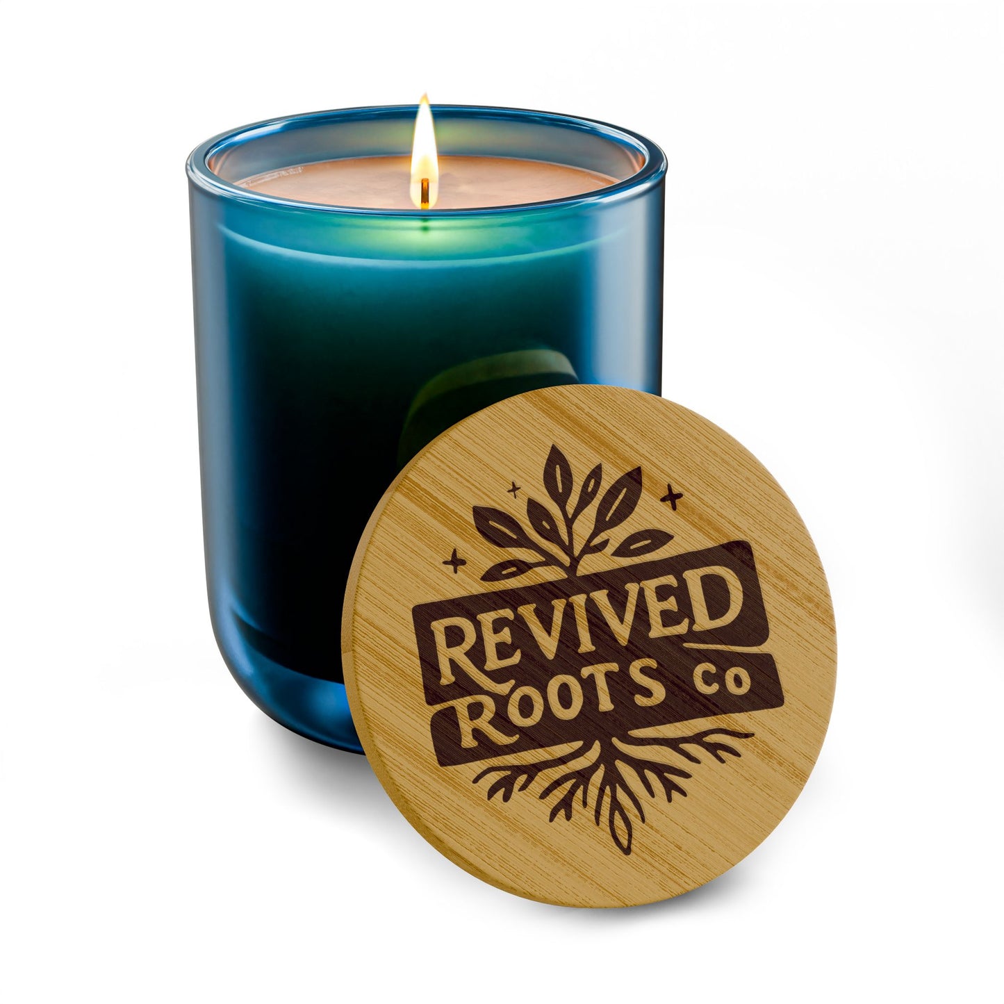 Engraved 14oz Soy Candle — Revived Roots Co. Bamboo Lid (Warm Wood & Calm)