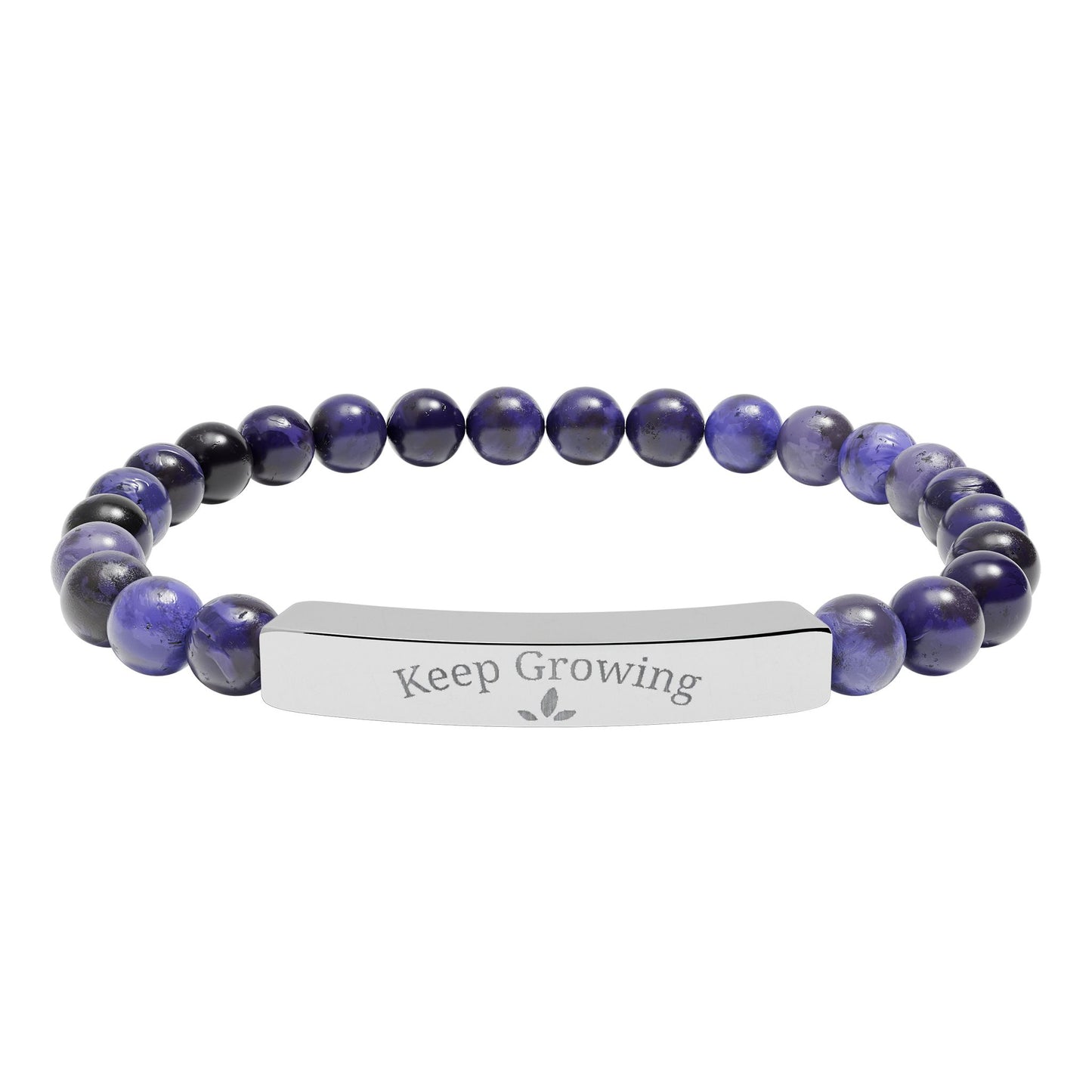 Engraved Natural Stone Stretch Bracelet — "Keep Growing" Bar Beaded Bracelet
