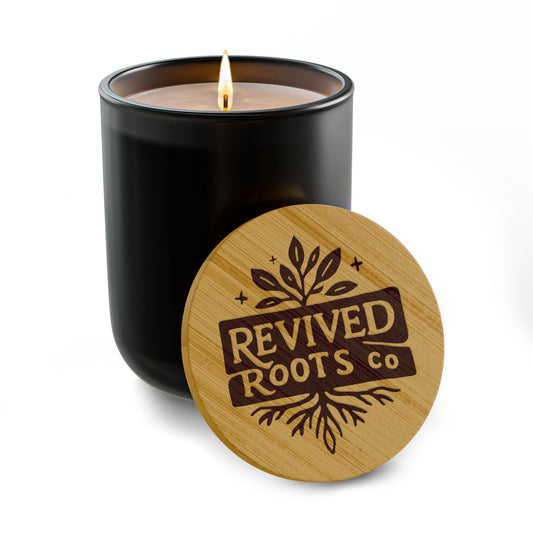 Engraved 14oz Soy Candle — Revived Roots Co. Bamboo Lid (Warm Wood & Calm)