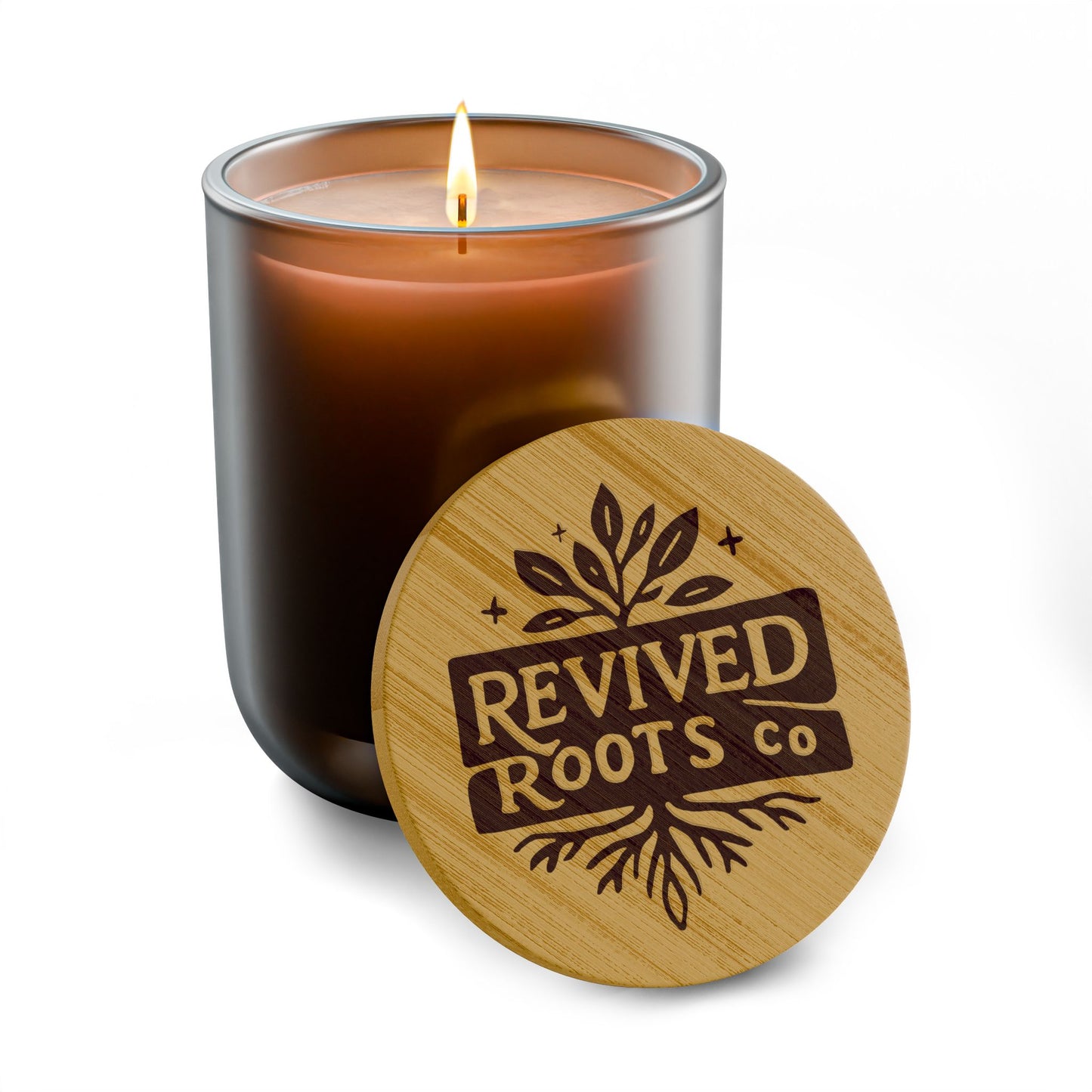 Engraved 14oz Soy Candle — Revived Roots Co. Bamboo Lid (Warm Wood & Calm)